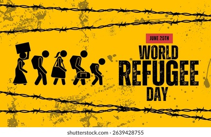 World Refugee Day June 20, yellow background with silhouette concept of some refugees walking and barbed wire elements. Design for banner, poster or print. Vector illustration about humanity and care