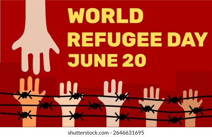 Dia Mundial do Refugiado. 20 de junho. Cartaz da campanha de fundo vermelho do Dia Mundial dos Refugiados ou modelo de cartaz de conscientização. Questões sociais