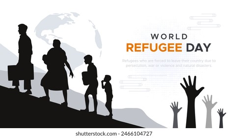 Día Mundial del Refugiado, junio. concepto de diseño de refugiados que migran debido a comportamientos violentos y guerra. siluetas de personas llevando sus pertenencias para evacuar y ser evacuados