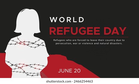 World Refugee Day, June. design concept of refugees who migrate due to violent behavior and war. Illustration of a silhouette of a woman bound by barbed wire means violence against the population