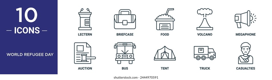 world refugee day outline icon set includes thin line lectern, briefcase, food, volcano, megaphone, auction, bus icons for report, presentation, diagram, web design