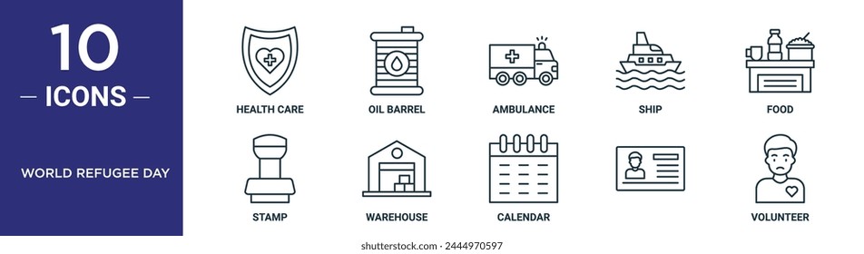 world refugee day outline icon set includes thin line health care, oil barrel, ambulance, ship, food, stamp, warehouse icons for report, presentation, diagram, web design