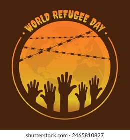 World Refugee Day poster with many hands asking for help