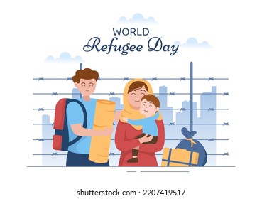 World Refugee Day Template Hand Drawn Cartoon Flat Illustration with Hands, Family and Climb Barbed Wire Fence to Immigrate to Save Place