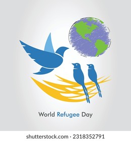 World Refugee Day vector, illustration. Birds, nest and globe concept.