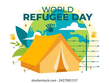 World Refugee Day Vector Illustration on 20 June of Immigration Family and Their Kids Walking Seek Home with Fence Iron Wire and Hand in Background