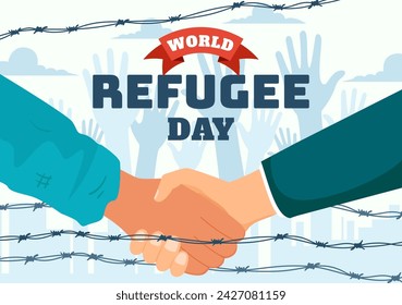 World Refugee Day Vector Illustration on 20 June of Immigration Family and Their Kids Walking Seek Home with Fence Iron Wire and Hand in Background