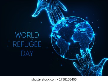 World Refugee Day Web-Banner mit futuristisch leuchtender polygonaler menschlicher Hand und Weltkarte auf dunkelblauem Hintergrund. Moderne Drahtgitter-Design Vektorgrafik. 