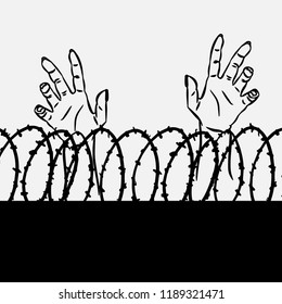 World Refugee Day.Hands behind barbed wire.Hand with metal fence, feeling no freedom.Vector illustration isolated on white background