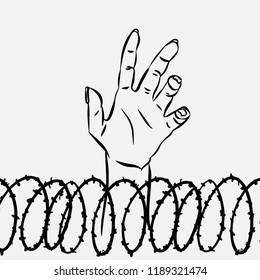 World Refugee Day.Hands behind barbed wire.Hand with metal fence, feeling no freedom.Vector illustration isolated on white background