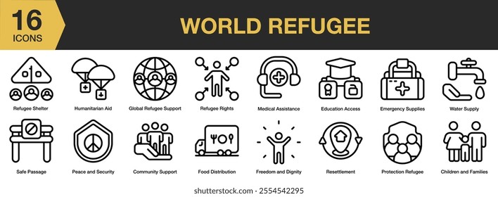 World Refugee icon set. Includes shelter, aid, assistance, access, supply, distribution, emergency, and More. Outline icons vector collection.