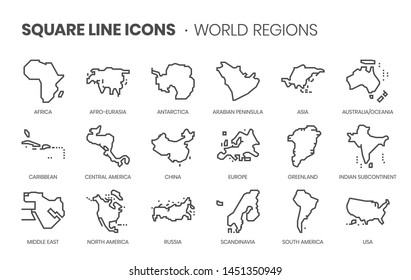 World Regions Related, Pixel Perfect, Editable Stroke, Up Scalable Square Line Vector Icon Set. 