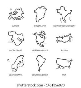 World Regions related, square line vector icon set for applications and website development. The icon set is pixelperfect with 64x64 grid. Crafted with precision and eye for quality.