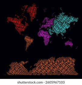 World Regions Word Clouds. Bright typographic style design on dark background. World region names tag clouds. Boundary shape. Vibrant vector illustration.