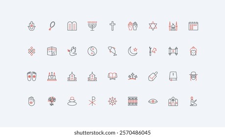 World religion, Christianity and Islam, Judaism and Buddhism line icon set. Spiritual faith signs of prayers, church and synagogue, mosque thin black and red outline symbols vector illustration