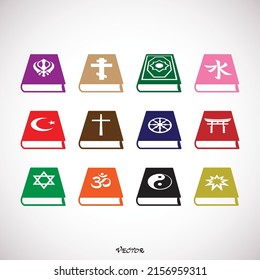 World religion  colored books . Signs of major religious groups and religions. Christianity, Islam, Hinduism, Buddhism, Taoism, Shinto, Sikhism and Judaism, Confucianism. Illustration. Vector