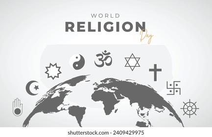 World Religion Day Banner Design. World Religion Day Background with Religion Signs and World Map Vector Illustration