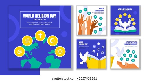 World Religion Day Celebration Social Media Post Template in Flat Cartoon Style