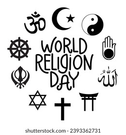 World Religion Day lettering inscription. Handwriting text banner for World Religion Day. Symbol of big religion of world. Hand drawn vector art.