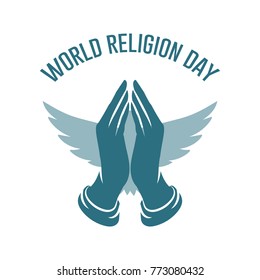 World Religion Day Logo Template. Prayer Hands With Wings Vector Illustration.