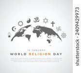 World Religion Day Post and Banner Design. World Religion Day Background with Religion Signs and World Map Vector Illustration