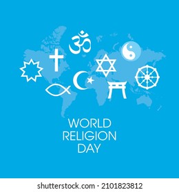 World Religion Day Poster with religious symbols vector. Religious symbols white silhouette icon set vector. World map and religions symbols vector. Important day - Shutterstock ID 2101823812