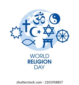 Weltreligionstag-Poster mit religiösen Symbolen, Vektorgrafik. Religiöse Symbole blaue Silhouette Symbol setzen Vektorgrafik einzeln auf weißem Hintergrund. Weltkarte und religiöse Symbole Vektorgrafik. Wichtiger Tag