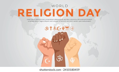 World Religion Day with rising hands of different religions. with Religion Day text background. Holiday concept. Template for background with banner, poster and card. vector illustration. Flat design