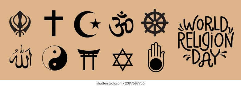 World Religion Day text banner. Handwriting text and symbols of religion. Hand drawn vector art.