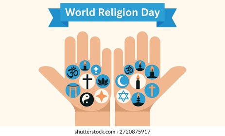 Ilustración del concepto de unidad del Día Mundial de la Religión con las manos abiertas sosteniendo diversos símbolos religiosos que promueven la paz, la armonía, la tolerancia y la diversidad espiritual global