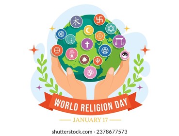 World Religion Day Vector Illustration on 17 January with Symbol Icons of Different Religions for Poster or Banner in Flat Cartoon Background