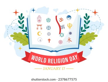 World Religion Day Vector Illustration on 17 January with Symbol Icons of Different Religions for Poster or Banner in Flat Cartoon Background