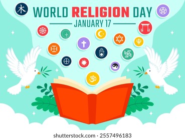 World Religion Day Vector Illustration on 17 January with Symbol Icons of Different Religions to Unity and Respect Among All Beliefs in a Background