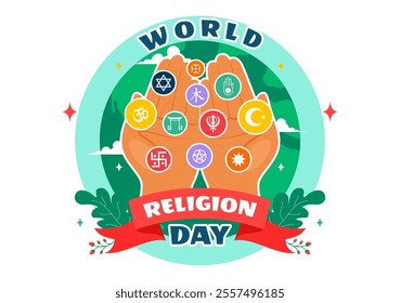 World Religion Day Vector Illustration on 17 January with Symbol Icons of Different Religions to Unity and Respect Among All Beliefs in a Background