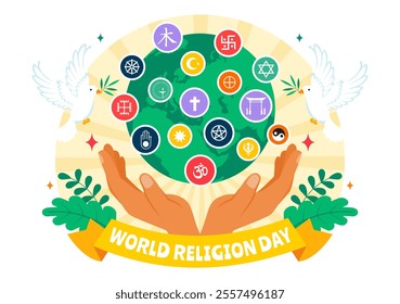 World Religion Day Vector Illustration on 17 January with Symbol Icons of Different Religions to Unity and Respect Among All Beliefs in a Background