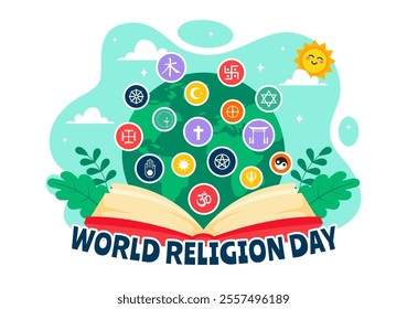 World Religion Day Vector Illustration on 17 January with Symbol Icons of Different Religions to Unity and Respect Among All Beliefs in a Background