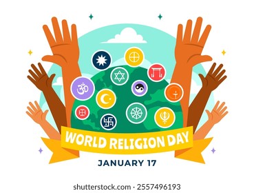 World Religion Day Vector Illustration on 17 January with Symbol Icons of Different Religions to Unity and Respect Among All Beliefs in a Background