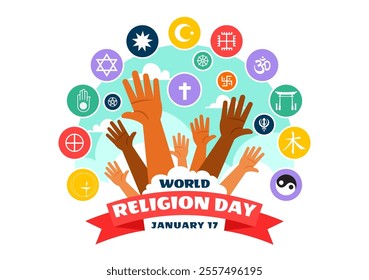 World Religion Day Vector Illustration on 17 January with Symbol Icons of Different Religions to Unity and Respect Among All Beliefs in a Background