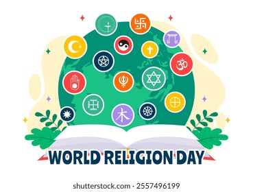 World Religion Day Vector Illustration on 17 January with Symbol Icons of Different Religions to Unity and Respect Among All Beliefs in a Background