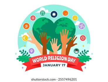 World Religion Day Vector Illustration on 17 January with Symbol Icons of Different Religions to Unity and Respect Among All Beliefs in a Background