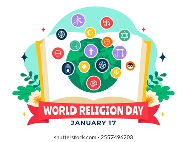 World Religion Day Vector Illustration on 17 January with Symbol Icons of Different Religions to Unity and Respect Among All Beliefs in a Background