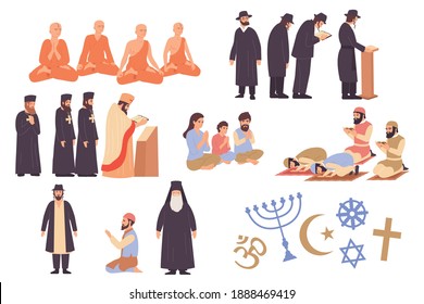 World religion flat icons set with followers of buddhism judaism christianity islam and their symbols isolated vector illustration