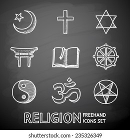 World religion hand drawn on a chalk board symbols set with - christian, Jewish, Islam, Buddhism, Hinduism, Taoism, Shinto, pentagram, and book as symbol of doctrine.