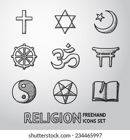 World religion hand drawn symbols set with - christian, Jewish, Islam, Buddhism, Hinduism, Taoism, Shinto, pentagram, and book as symbol of doctrine.