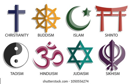 world religion symbol icon set on white background, vector color style