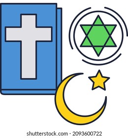 Símbolo de la religión mundial vector. Hinduismo, cristianismo, fe islámica. Cruz cristiana, estrella judía, diseño lunar