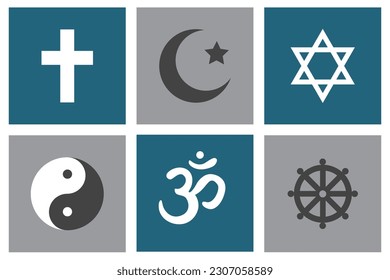 World religion symbol silhouette isolated at grey and blue square with clear background; christianity; islam; judaism; taoism; hinduism; buddhism