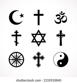 World religion symbols - Christianity, Islam, Hinduism, Confucian, Buddhism and Judaism. Flat black simple vector icon, isolated on white background, illustration, set.