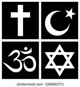 World Religion Symbols - Christianity, Islam, Hinduism And Judaism. Vector Illustrator