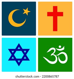 World Religion Symbols - Christianity, Islam, Hinduism And Judaism. Vector Illustrator